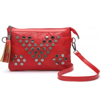 Bolso Bandolera Rojo con Adornos Metálicos y Borla