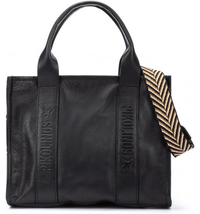 Pikolinos Bolso de Hombro de Piel Alcudia WHA para Mujer - Negro con Detalle Chevron